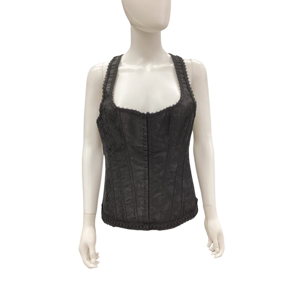 iCollection Corset Women’s Size M/ EU 40 Tie Up Lace Trim Paisley Pattern Black